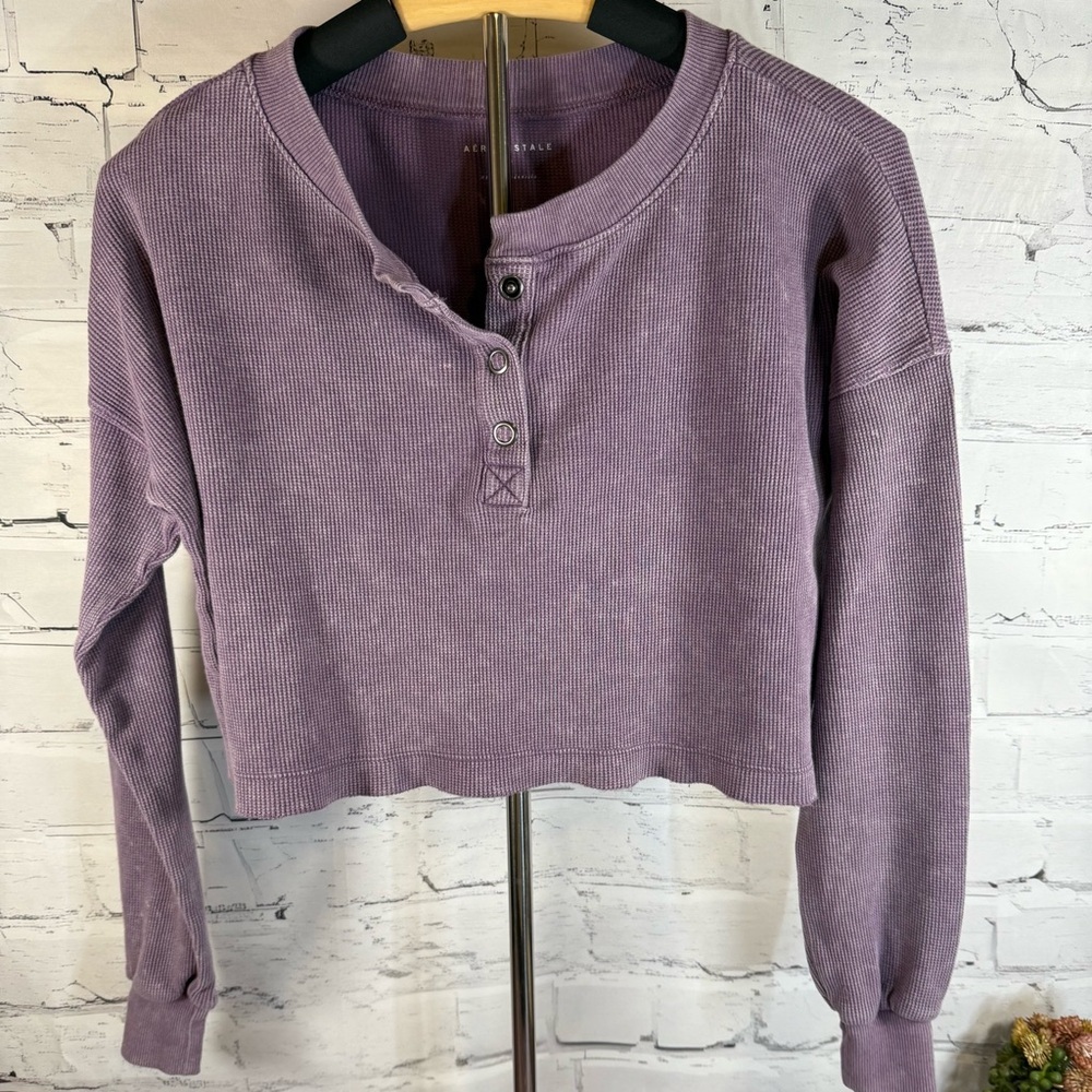 Aeropostale Lavender Cropped Henley Waffle‎ knit thermal shirt